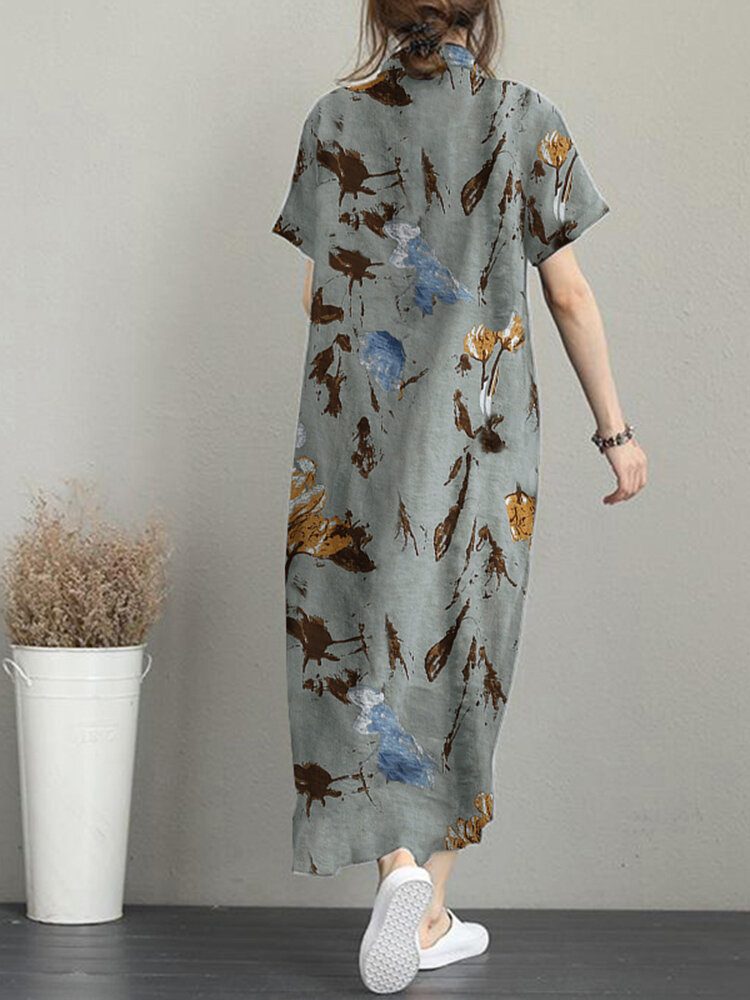 Blomstertrykk Lommeknapp Lapel Kortermet Casual Maxi Dress