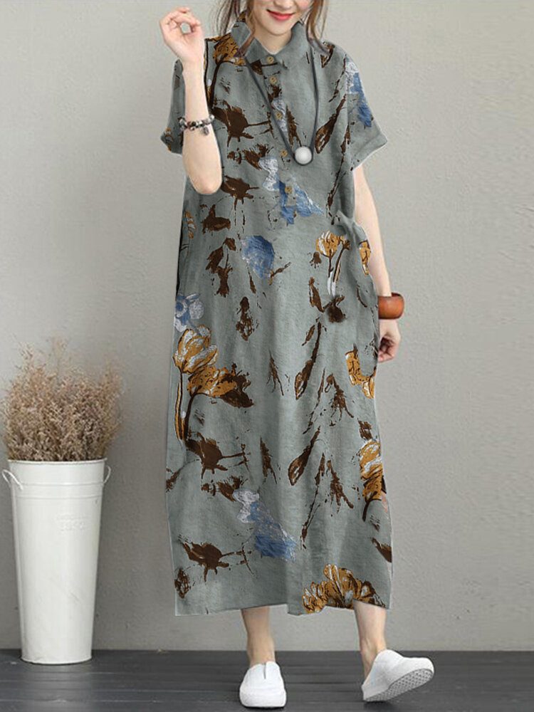 Blomstertrykk Lommeknapp Lapel Kortermet Casual Maxi Dress