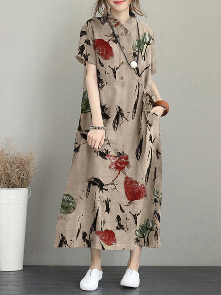 Blomstertrykk Lommeknapp Lapel Kortermet Casual Maxi Dress