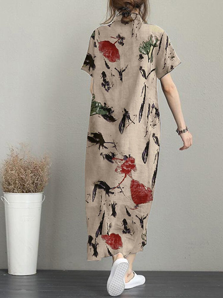 Blomstertrykk Lommeknapp Lapel Kortermet Casual Maxi Dress