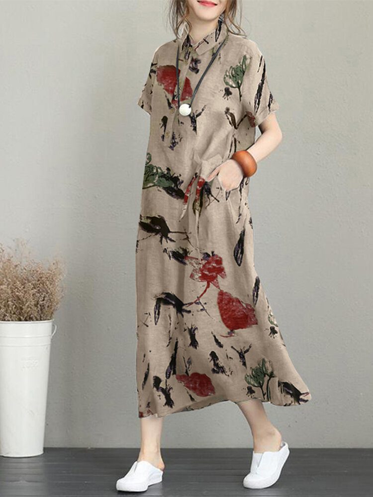 Blomstertrykk Lommeknapp Lapel Kortermet Casual Maxi Dress