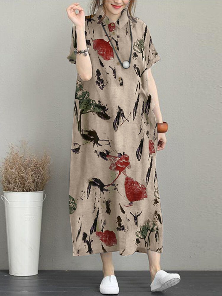 Blomstertrykk Lommeknapp Lapel Kortermet Casual Maxi Dress