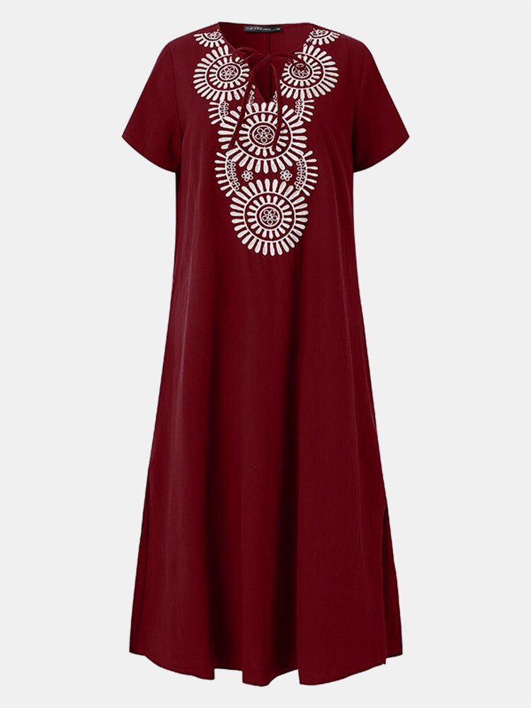 Bohemia Broderi V-hals Kortermet Split Maxi Dress