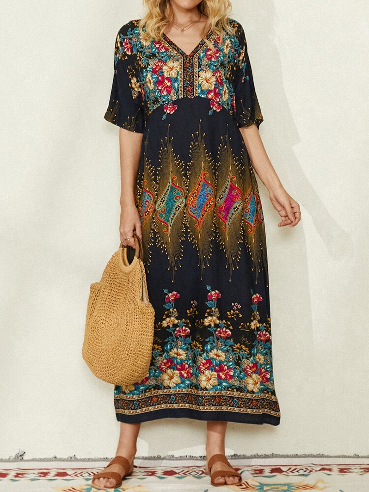 Bohemian Ethnic Floral Print V-hals Lomme Half Sleeve Casual Dress For Women