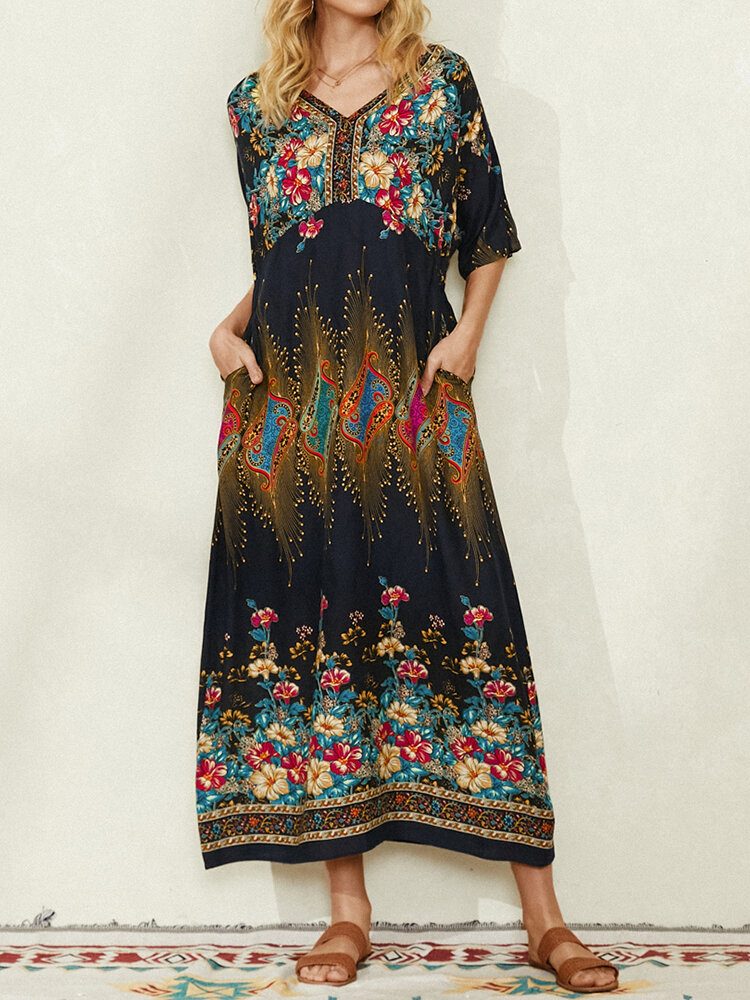 Bohemian Ethnic Floral Print V-hals Lomme Half Sleeve Casual Dress For Women