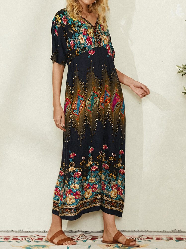 Bohemian Ethnic Floral Print V-hals Lomme Half Sleeve Casual Dress For Women