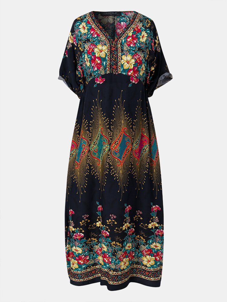 Bohemian Ethnic Floral Print V-hals Lomme Half Sleeve Casual Dress For Women