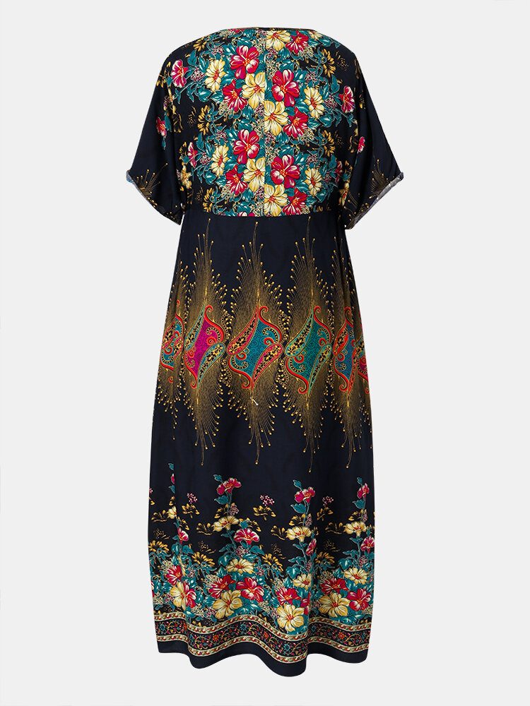 Bohemian Ethnic Floral Print V-hals Lomme Half Sleeve Casual Dress For Women