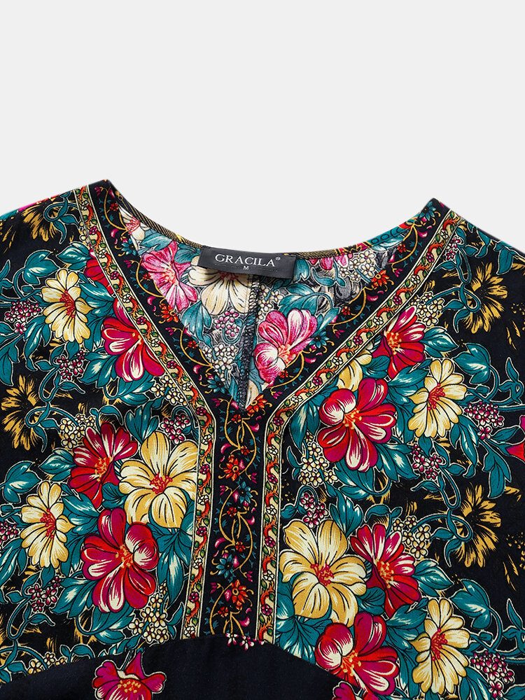 Bohemian Ethnic Floral Print V-hals Lomme Half Sleeve Casual Dress For Women