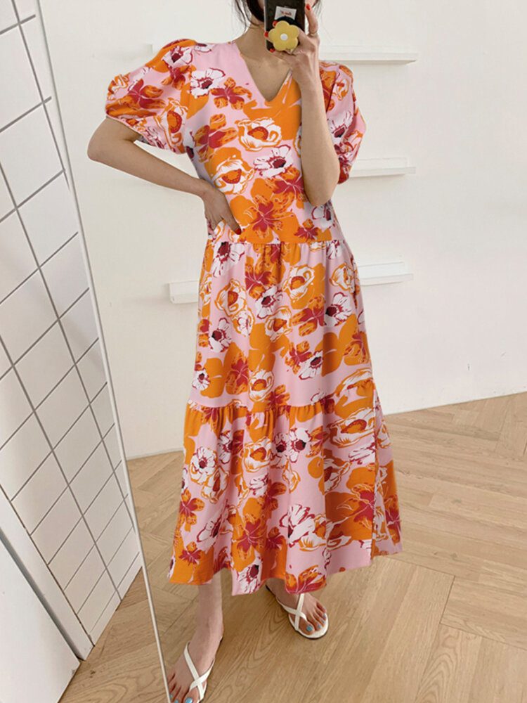 Bohemian Puff Sleeve Floral Spleising V-hals Fritid Maxi Løs Kjole For Dame