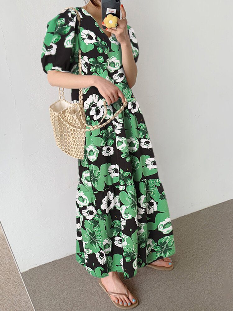 Bohemian Puff Sleeve Floral Spleising V-hals Fritid Maxi Løs Kjole For Dame