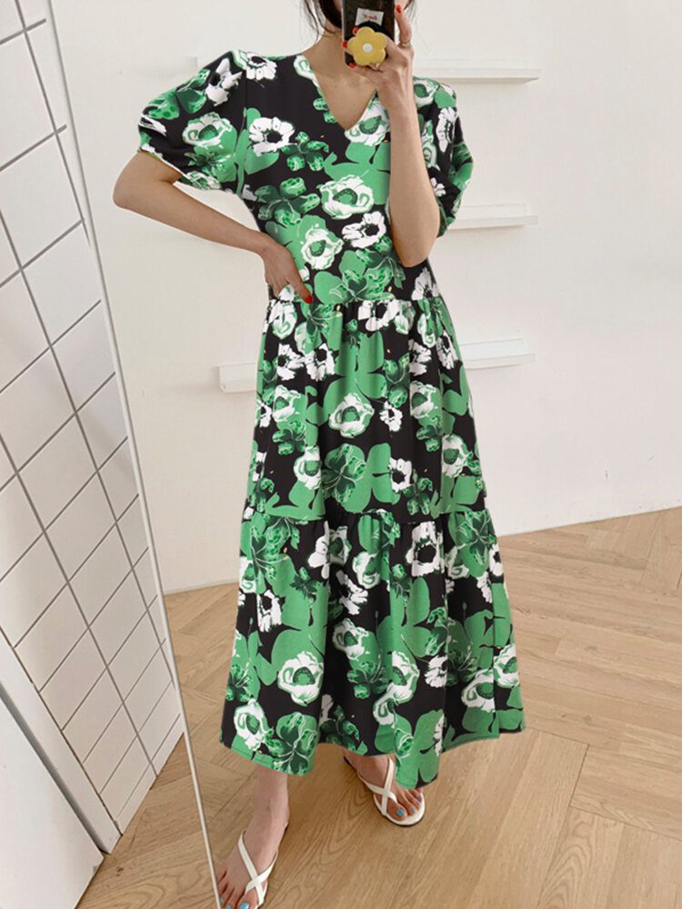 Bohemian Puff Sleeve Floral Spleising V-hals Fritid Maxi Løs Kjole For Dame