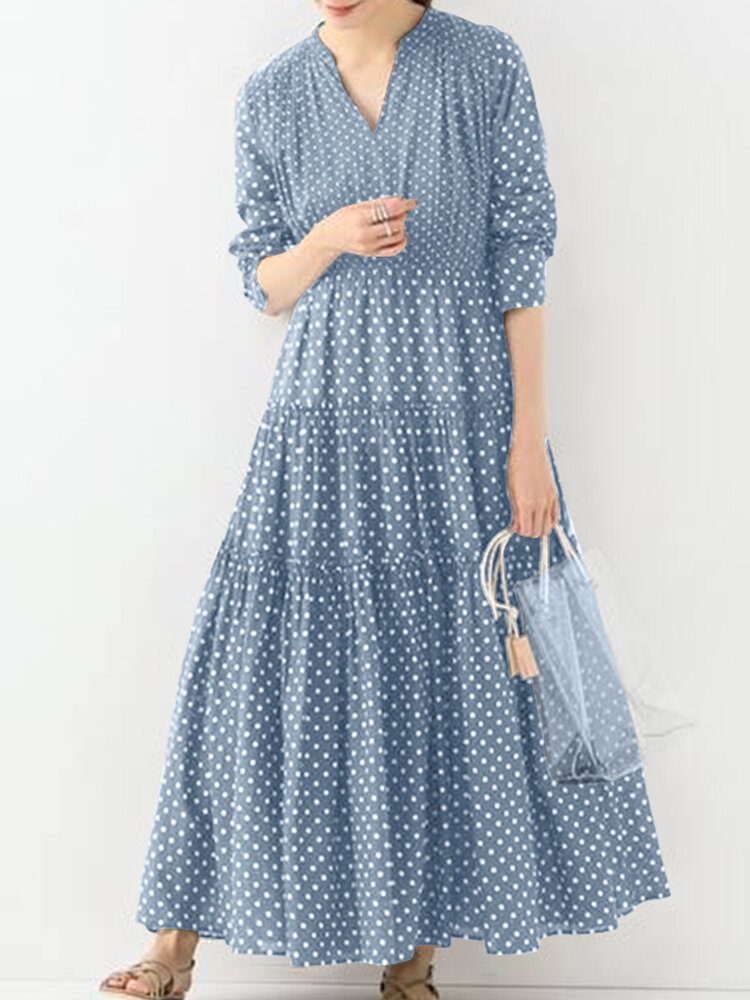 Bohemian Vintage Polka Dot Print V-hals Langermet Holiday Casual Maxi Dress