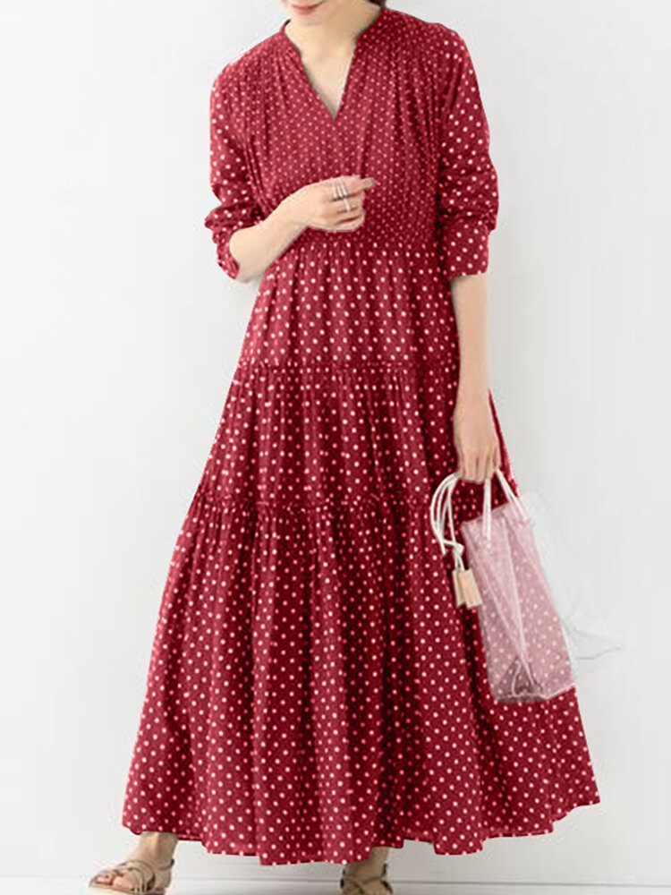 Bohemian Vintage Polka Dot Print V-hals Langermet Holiday Casual Maxi Dress