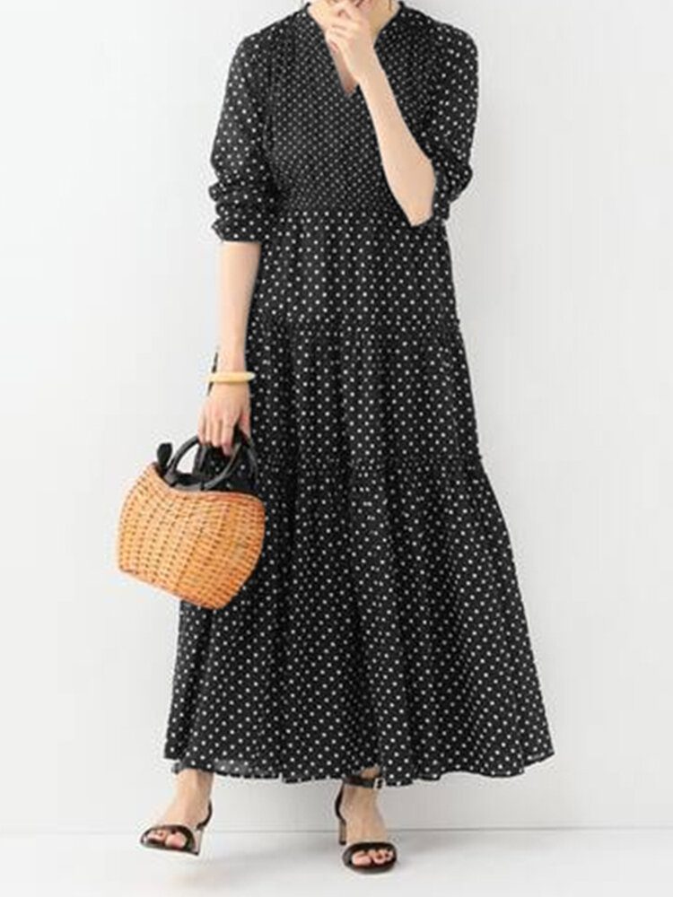 Bohemian Vintage Polka Dot Print V-hals Langermet Holiday Casual Maxi Dress