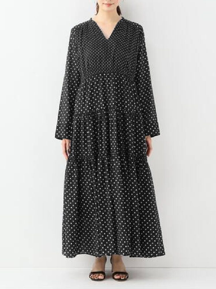 Bohemian Vintage Polka Dot Print V-hals Langermet Holiday Casual Maxi Dress