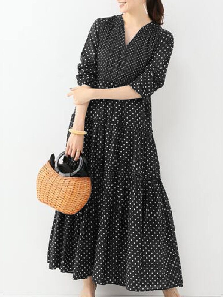 Bohemian Vintage Polka Dot Print V-hals Langermet Holiday Casual Maxi Dress