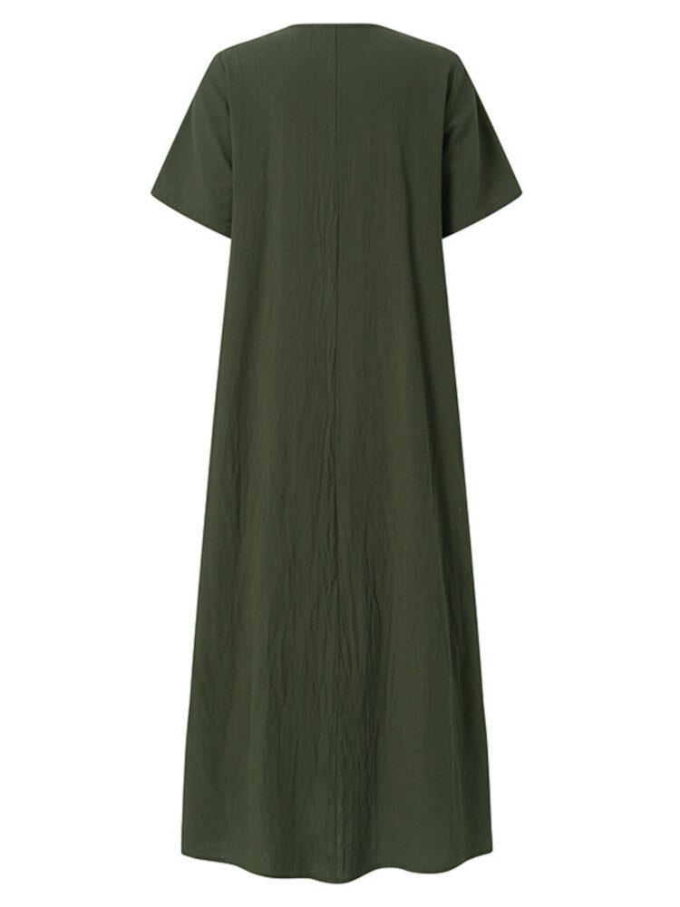 Casual Solid Crew Neck Kortermet Button Bohemia Maxi Dress