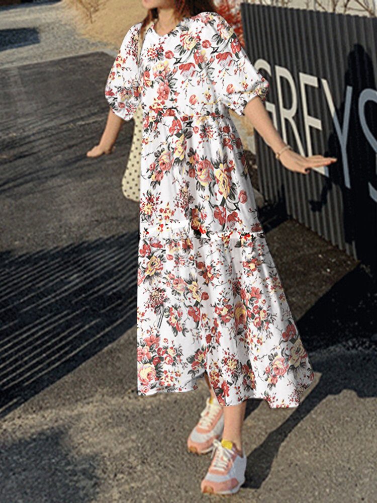 Cottagecore Flower Print Pocket Puff Sleeve Casual Maxi Dress