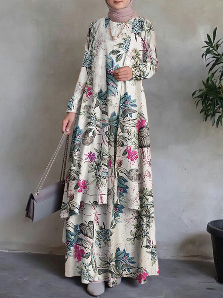 Dame 100% Bomull Abaya Kaftan Bohemian Dobbeltlags Design Floral Leisure Maxikjole