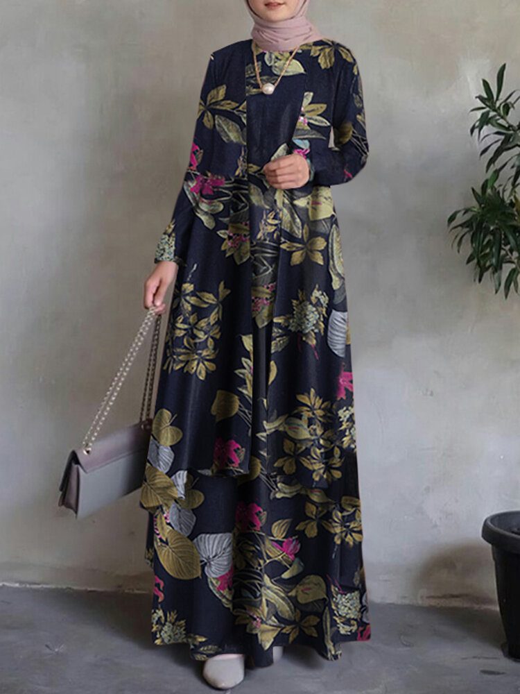 Dame 100% Bomull Abaya Kaftan Bohemian Dobbeltlags Design Floral Leisure Maxikjole