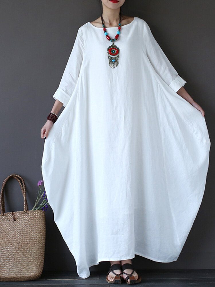 Dame 100% Bomull Solid Baggy Lommer Sommer Maxi Dress