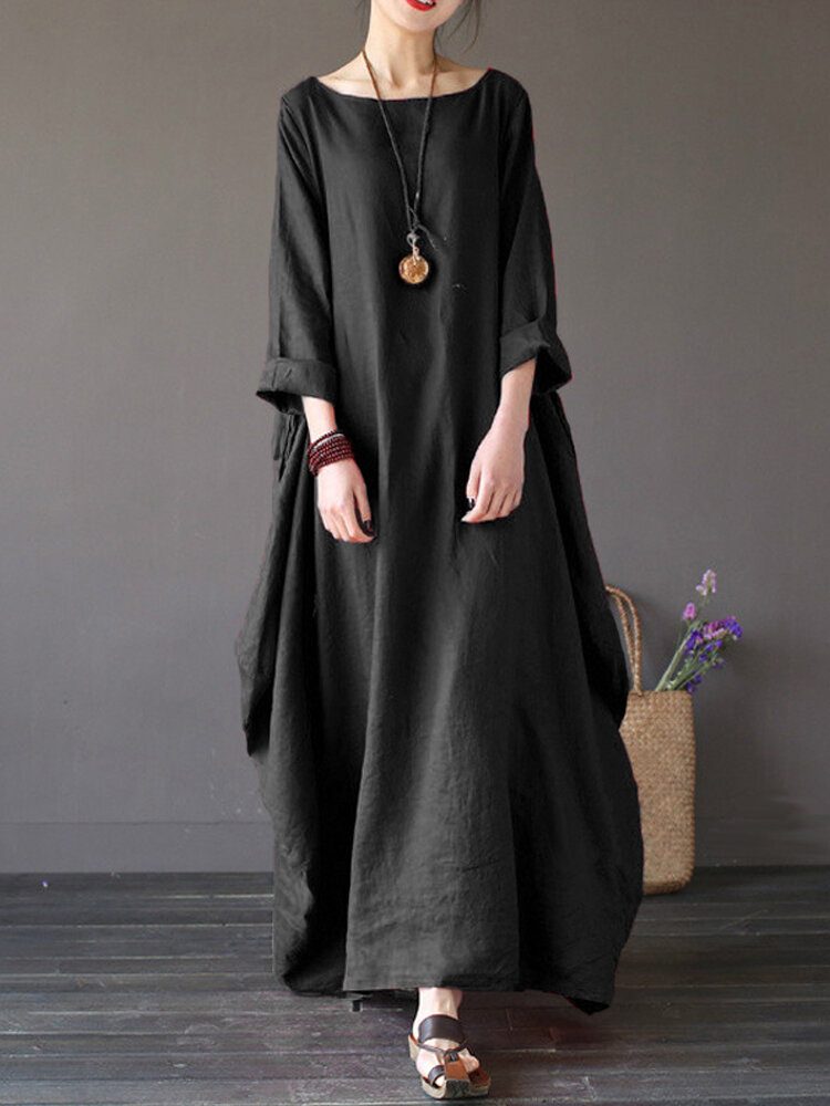 Dame 100% Bomull Solid Baggy Lommer Sommer Maxi Dress