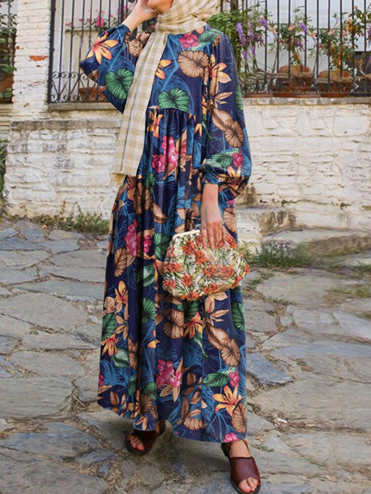 Dame Abaya Kaftan Puff Sleeve Floral Bohemian Ankellengde Kjole