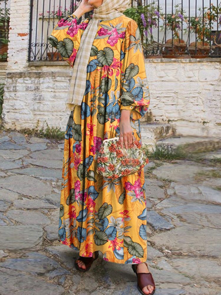 Dame Abaya Kaftan Puff Sleeve Floral Bohemian Ankellengde Kjole