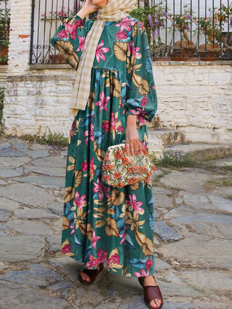 Dame Abaya Kaftan Puff Sleeve Floral Bohemian Ankellengde Kjole