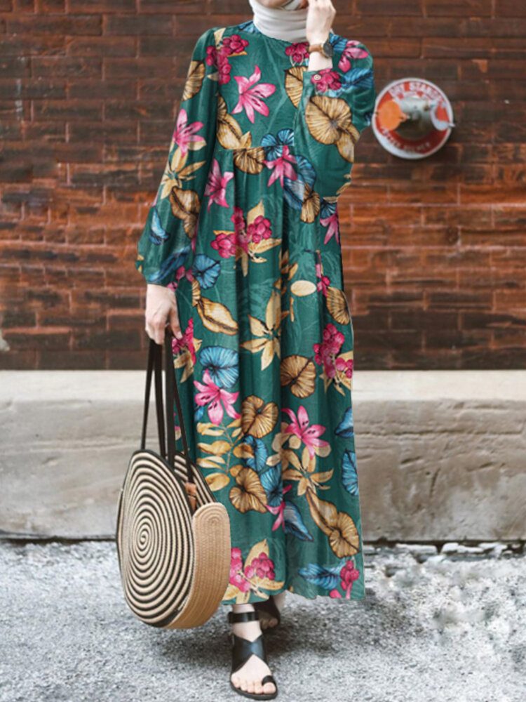 Dame Abaya Kaftan Puff Sleeve Floral Bohemian Ankellengde Kjole