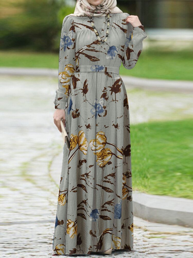 Dame Abaya Kaftan Puff Sleeve Tiered Retro Leisure Floral Ankellengde Kjole