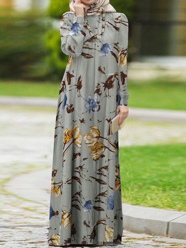 Dame Abaya Kaftan Puff Sleeve Tiered Retro Leisure Floral Ankellengde Kjole