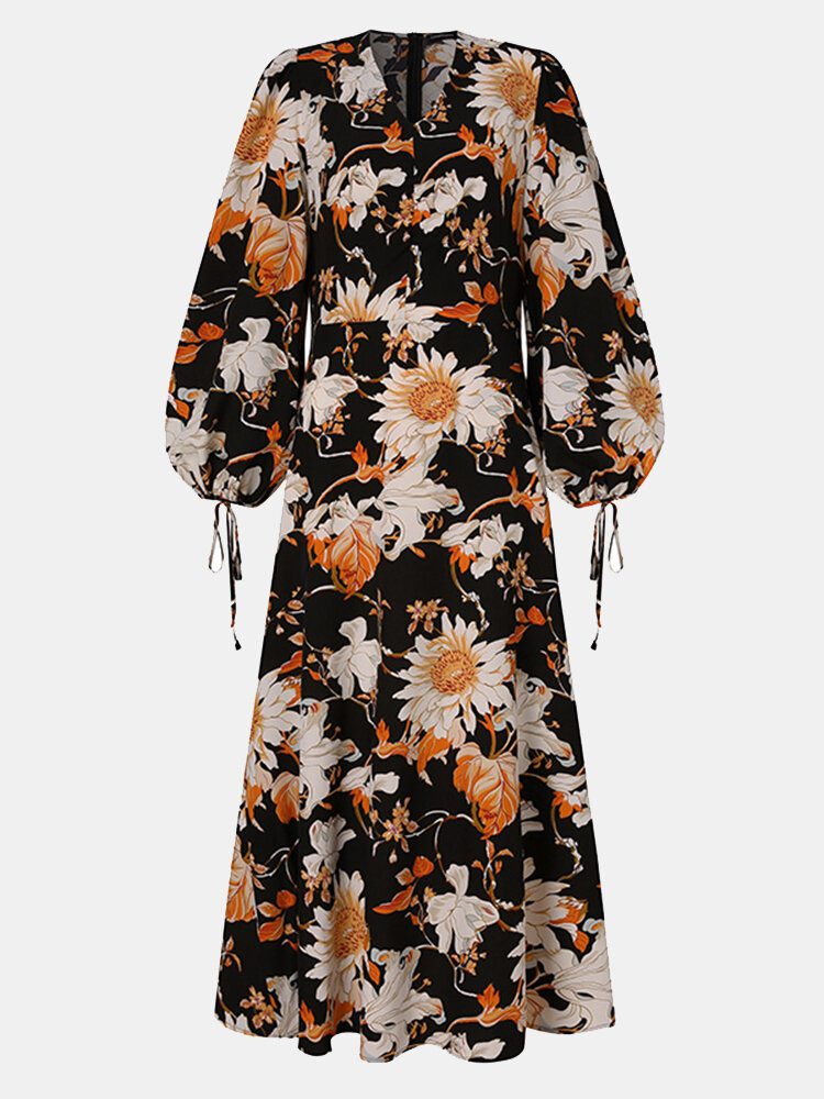 Dame Blomster Print V-hals Lanterne Ermer A-linje Casual Holiday Maxi Dress