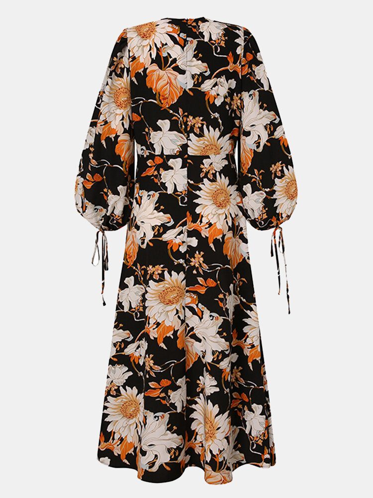 Dame Blomster Print V-hals Lanterne Ermer A-linje Casual Holiday Maxi Dress