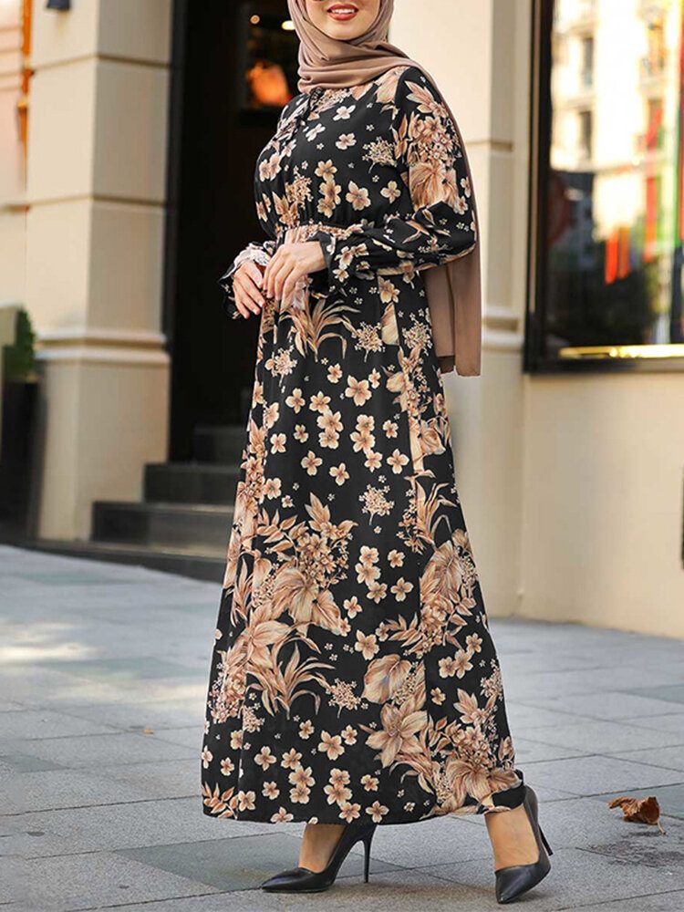 Dame Blomster Trykk Volanger Mansjetter Snøring Stativ Krage Uformell Maxi Muslim Dress Abaya Kaftan