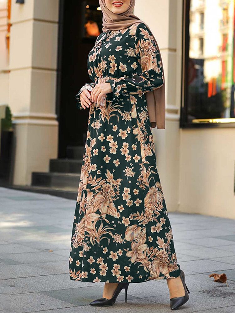 Dame Blomster Trykk Volanger Mansjetter Snøring Stativ Krage Uformell Maxi Muslim Dress Abaya Kaftan