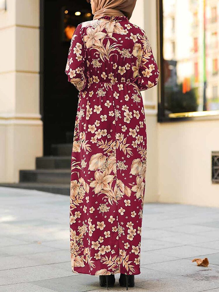 Dame Blomster Trykk Volanger Mansjetter Snøring Stativ Krage Uformell Maxi Muslim Dress Abaya Kaftan