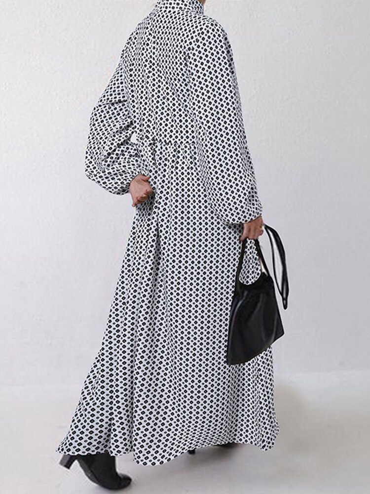 Dame Diamond Print Swing Puff Sleeve Maxikjole Med Sidelomme