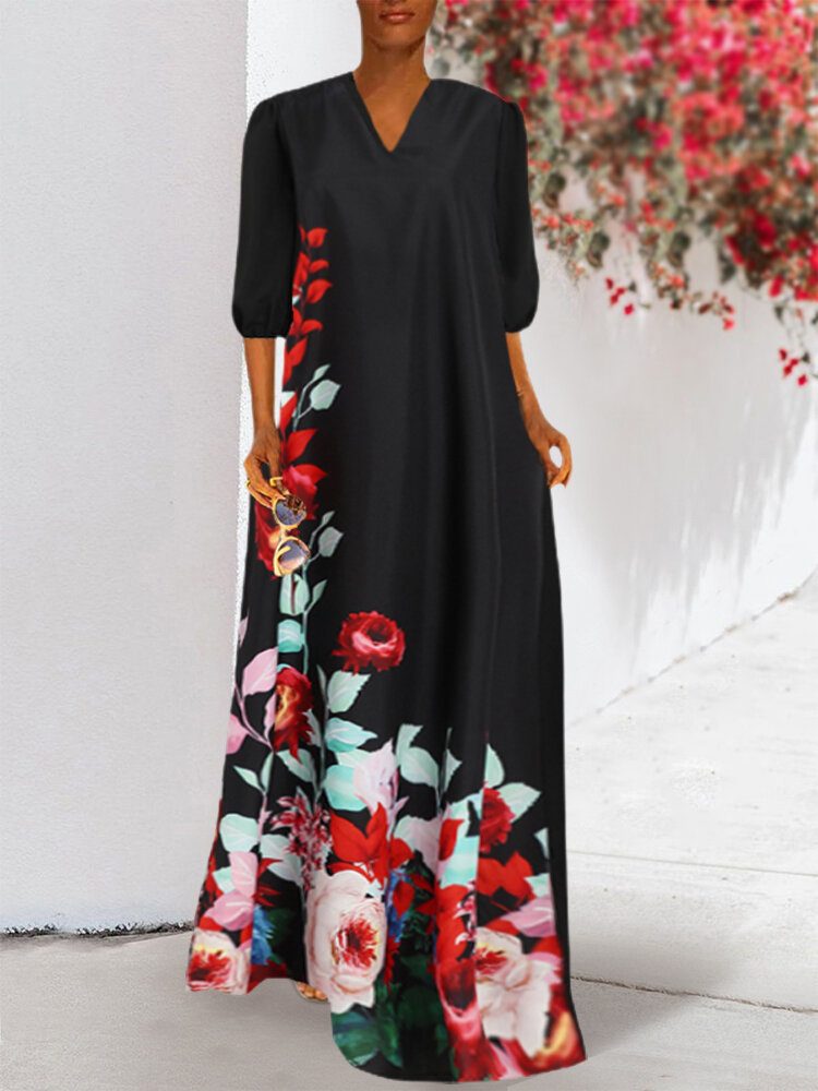 Dame Floral Print V-hals 3/4 Ermer Casual Maxi Dress