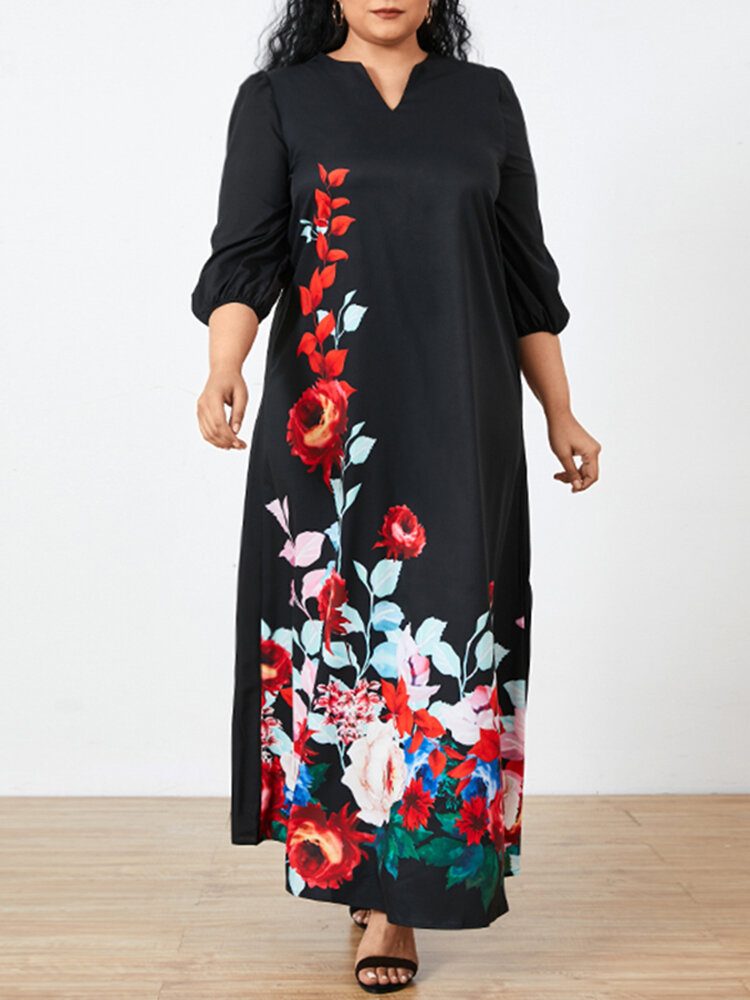 Dame Floral Print V-hals 3/4 Ermer Casual Maxi Dress