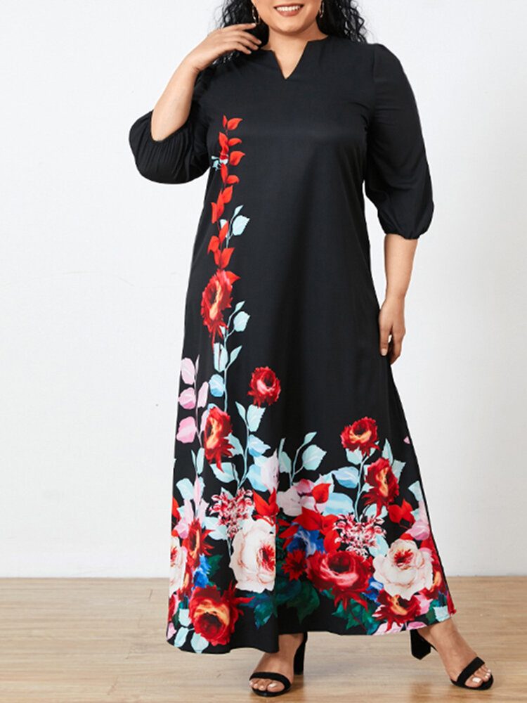 Dame Floral Print V-hals 3/4 Ermer Casual Maxi Dress