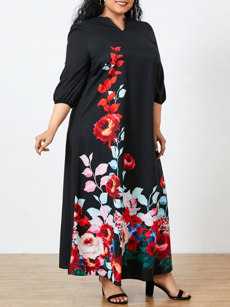 Dame Floral Print V-hals 3/4 Ermer Casual Maxi Dress