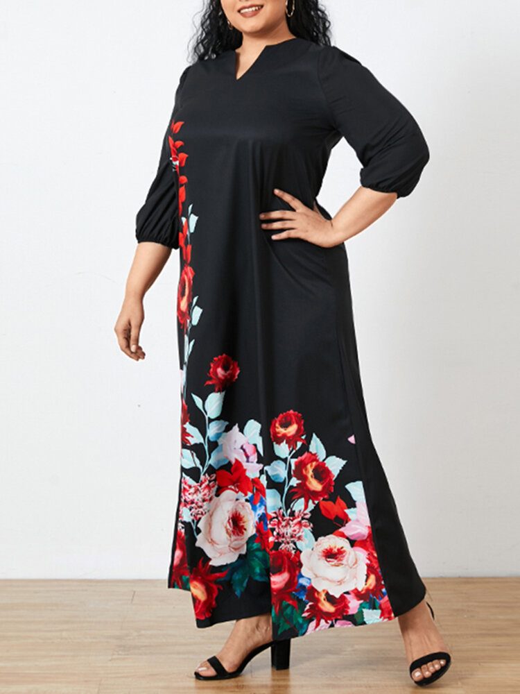 Dame Floral Print V-hals 3/4 Ermer Casual Maxi Dress