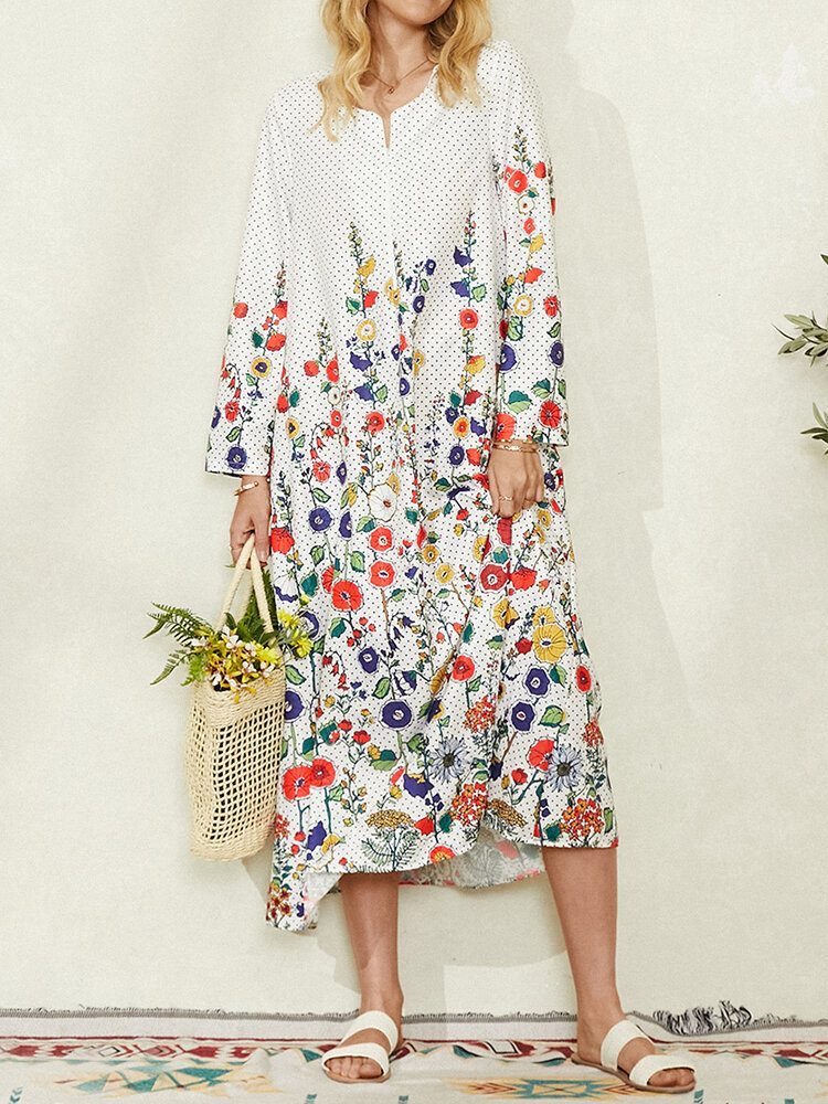 Dame Flower Polka Dot Print Langermet Casual Maxi Dress