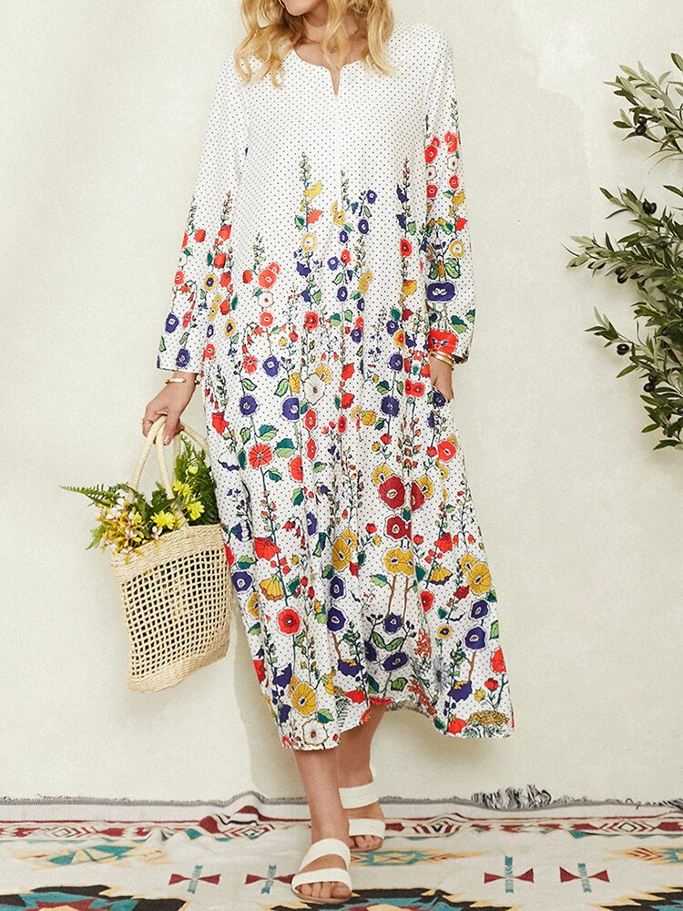 Dame Flower Polka Dot Print Langermet Casual Maxi Dress