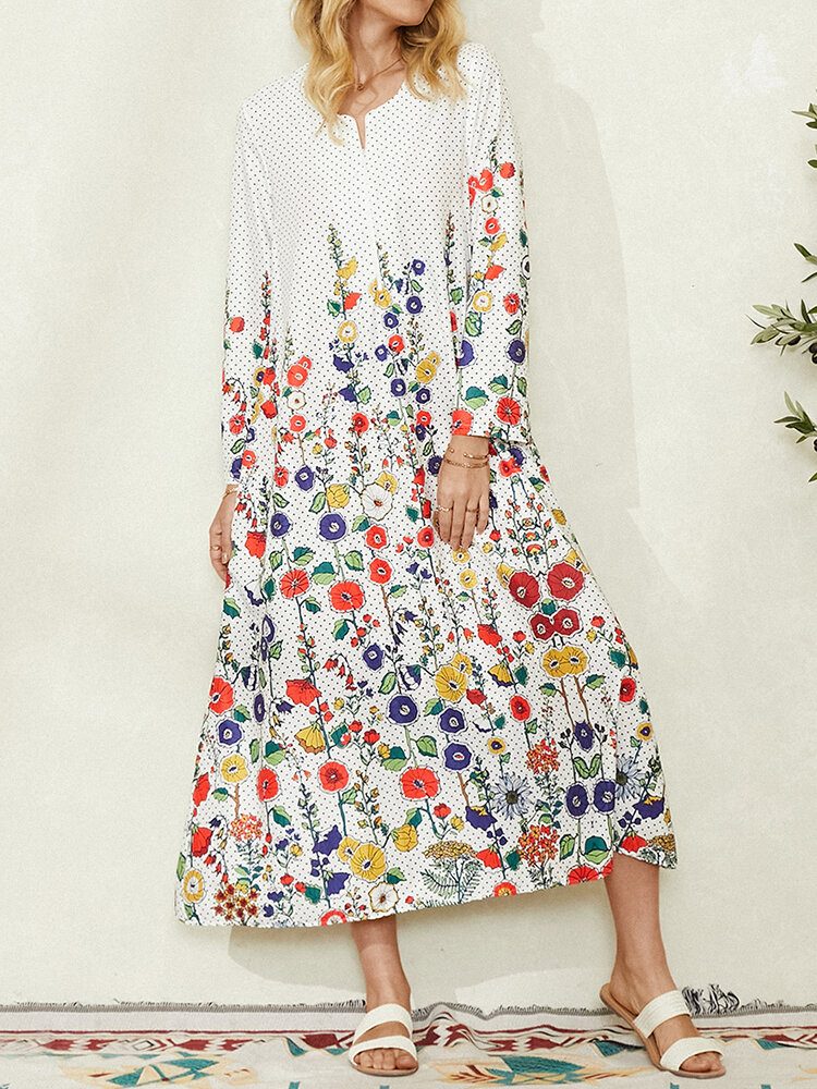 Dame Flower Polka Dot Print Langermet Casual Maxi Dress