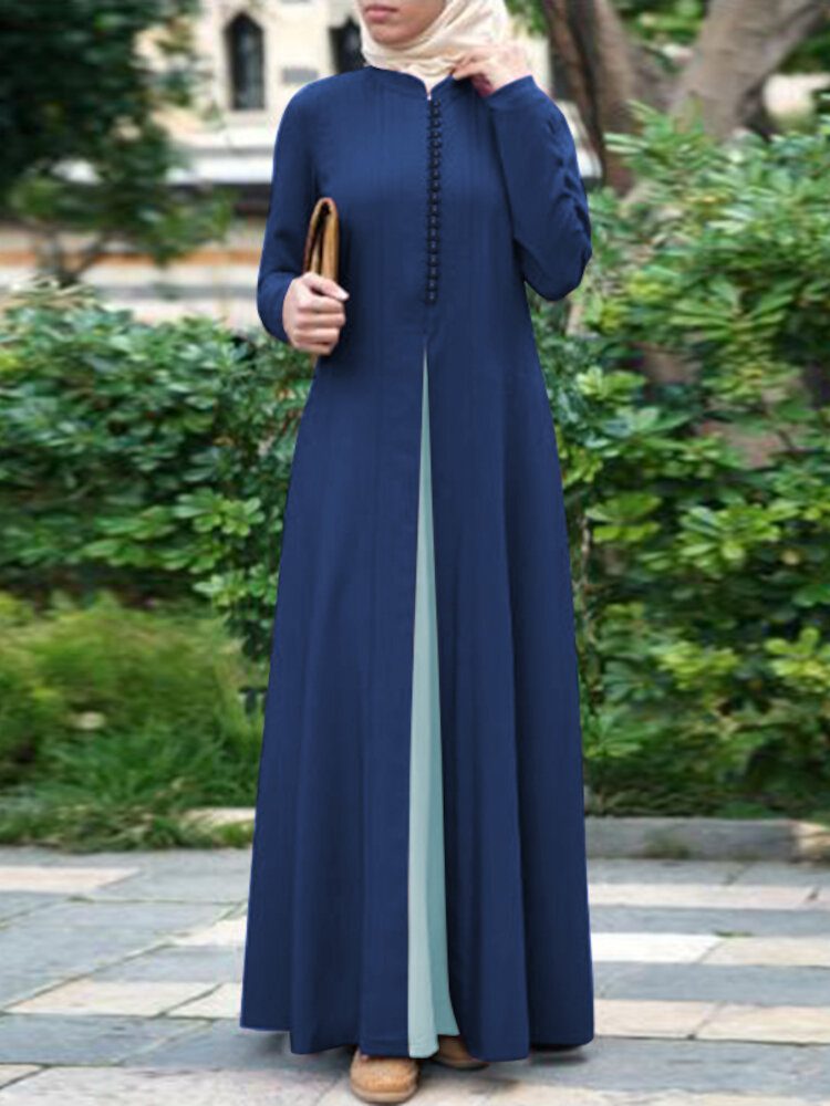 Dame Kontrast Fargesøm Bohemian Button Langermet Muslim Maxi Dress Abaya Kaftan