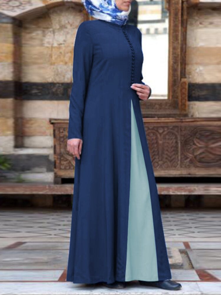 Dame Kontrast Fargesøm Bohemian Button Langermet Muslim Maxi Dress Abaya Kaftan