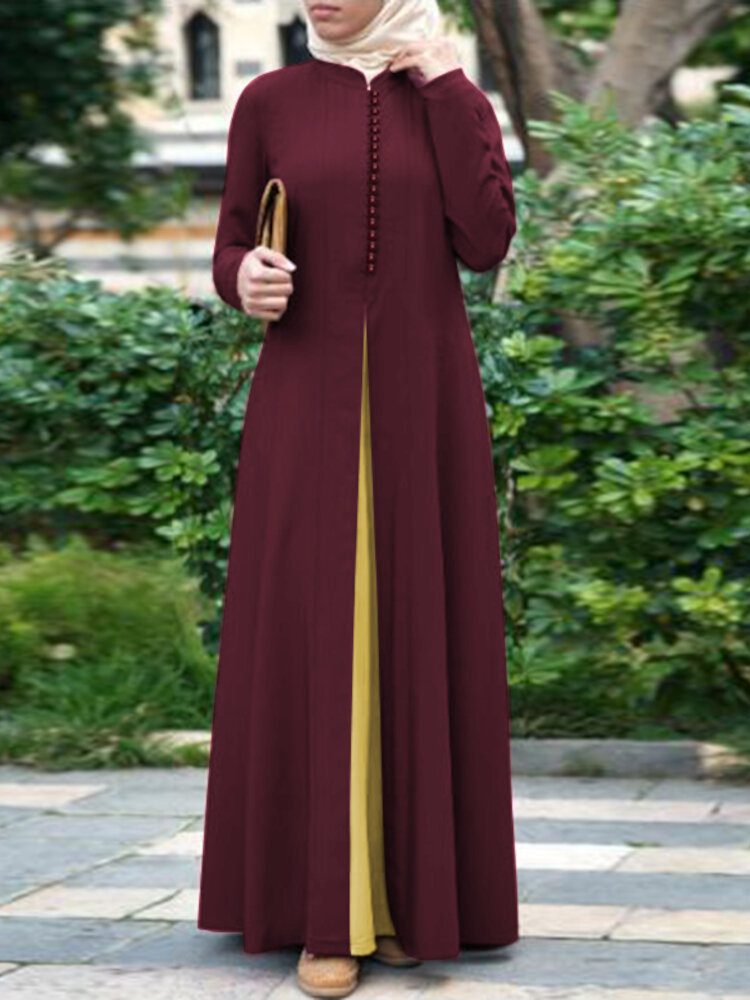 Dame Kontrast Fargesøm Bohemian Button Langermet Muslim Maxi Dress Abaya Kaftan